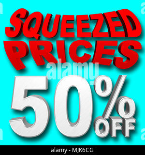 Images Illustrations - grand argent brillant Texte : 50 Pourcentage Off, le texte en rouge : pressé les prix, 3D Illustration, fond bleu, différent. Banque D'Images