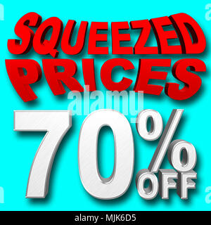 Images Illustrations - grand argent brillant Texte : 70 Pourcentage Off, le texte en rouge : pressé les prix, 3D Illustration, fond bleu, différent. Banque D'Images