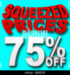 Images Illustrations - grand argent brillant Texte : 75 Pourcentage Off, le texte en rouge : pressé les prix, 3D Illustration, fond bleu, différent. Banque D'Images