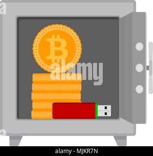 Coffre-fort avec des pièces de monnaie bitcoin et les disques durs à mémoire flash. Dans les affaires d'argent Bitcoin coffre-fort, coin virtual finances, vector illustration Illustration de Vecteur