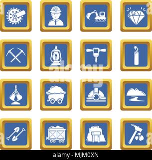 L'exploitation minière business icons set vector blue square Illustration de Vecteur