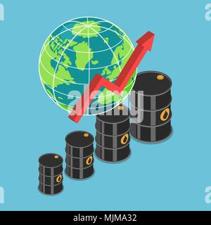 Télévision 3D isométrique et la hausse du baril de pétrole graphique avec monde. L'augmentation du prix du pétrole et de l'industrie pétrolière concept. Illustration de Vecteur