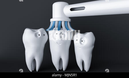 Des dents caricature. Une dent jouit d'être nettoyée. - Le rendu 3D Banque D'Images