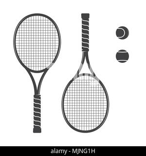 Jeu de raquettes et balles de tennis. Vector illustration. Silhouette raquettes sur le fond blanc. Illustration de Vecteur
