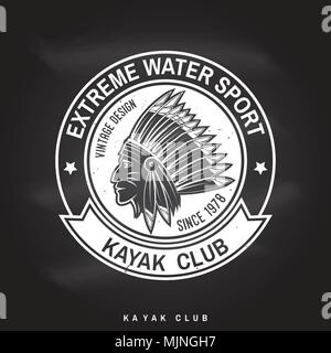 Kayak Club logo sur le tableau. Vector illustration. Concept pour chemise, imprimer, stamp ou tee. Typographie vintage design avec American Indian silhou Illustration de Vecteur