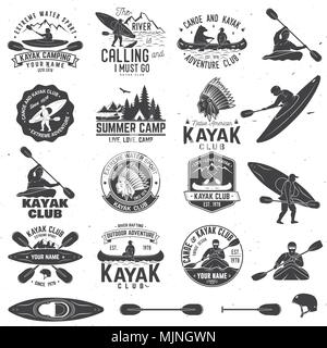 Ensemble de canot et kayak club d'écussons et d'élément de conception. Vecteur. Concept pour chemise, imprimer, stamp ou tee. Typographie vintage design avec montagne, rivière, Illustration de Vecteur