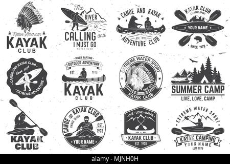 Ensemble de canot et kayak club de badges. Vecteur. Concept pour chemise, imprimer, stamp ou tee. Typographie vintage design avec vue sur la montagne, la rivière, un indien américain Illustration de Vecteur