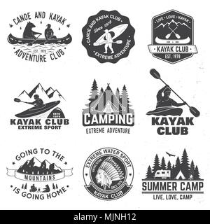 Ensemble de canot et kayak club de badges. Vecteur. Concept pour chemise, imprimer, stamp ou tee. Typographie vintage design avec vue sur la montagne, la rivière, un indien américain Illustration de Vecteur
