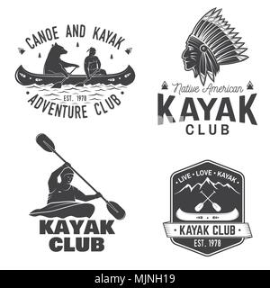 Ensemble de canot et kayak club de badges. Vecteur. Concept pour chemise, imprimer, stamp ou tee. Typographie vintage design avec vue sur la montagne, la rivière, un indien américain Illustration de Vecteur