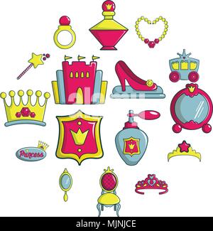 Poupée princesse icons set, cartoon style Illustration de Vecteur