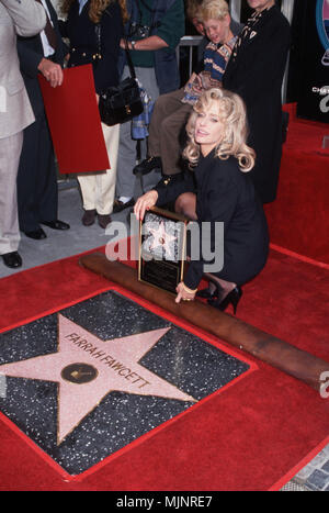 Février 1995, Hollywood, Los Angeles, Californie, USA --- légende originale : 2/1995-Hollywood, CA : L'actrice Farrah Fawcett pose à côté de son étoile sur le Hollywood Walk of Fame. Elle est montré accroupi sur un tapis rouge, tenant sa plaque commémorative. --- ' Tsuni / USA 'Farrah Fawcett Farrah Fawcett Dévoilement des étoiles, au dévoilement enquête tsuni@Gamma-USA.com Star Banque D'Images