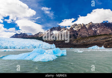 Blue Ice et les icebergs du Glacier Grey Gris au lac du sud du champ de glace de Patagonie, Torres del Paine, Parc National, Chili Banque D'Images