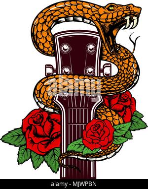 Tête de guitare avec snake et roses. L'élément de conception pour poster, carte de visite, bannière, emblème, t shirt. Vector illustration Illustration de Vecteur