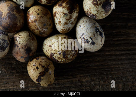 Oeufs de caille repéré organisé sur l'arrière-plan de vieux panneaux en bois, avec l'exemplaire-espace, selective focus. Naturel délicieux savoureux hors-d'œuvre. Snack-alimentaires Banque D'Images