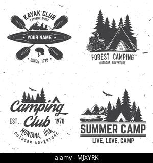 Ensemble de kayak, camping municipal le badge. Vector illustration. Concept pour chemise, imprimer, stamp ou tee. Typographie vintage design avec vue sur la montagne Illustration de Vecteur