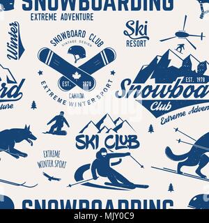 Club de Ski et Snowboard modèle homogène. Vector illustration. Concept pour chemise, imprimer, stamp, badge ou tee. Typographie vintage design avec snowboarde Illustration de Vecteur