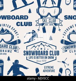 Club de Ski et Snowboard modèle homogène. Vector illustration. Concept pour chemise, imprimer, stamp, badge ou tee. Typographie vintage design avec snowboarde Illustration de Vecteur