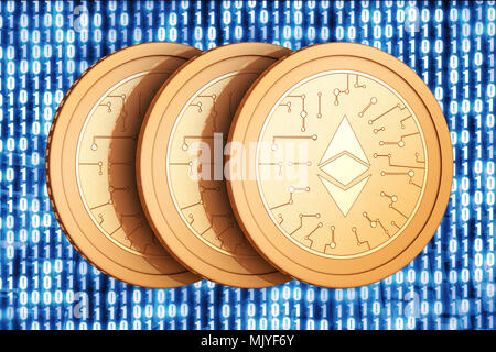Pièce de monnaie d'Ethereum résumé fond bleu 0 et 1 digital Banque D'Images