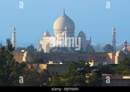 Vue sur le Taj Mahal sur les toits de la ville d'Agra Banque D'Images