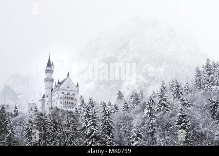 Un hiver enneigé vue sur le château de Neuschwanstein en Bavière, Allemagne. Banque D'Images