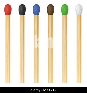 Vector 3D réaliste match stick coloré icon set, libre isolé sur fond blanc. Tête rouge, noir, bleu, marron, vert, blanc. Modèle de conception, pour les graphiques clipart Illustration de Vecteur