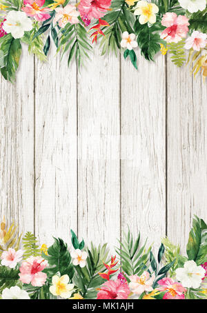 Fond texturé en bois avec des plantes et des fleurs border Banque D'Images