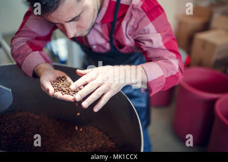 Photo de jeune homme avec les grains de café dans la main à côté de la rôtissoire Banque D'Images