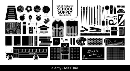 Ensemble de l'offre scolaire en silhouette isolée 61 pièces. Objets Cute vector illustration à contour blanc et noir sur fond blanc avion Illustration de Vecteur