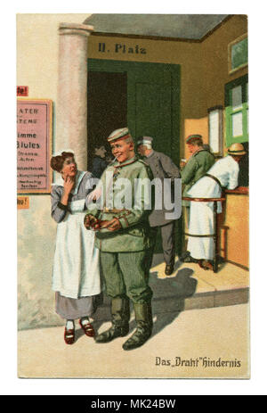 Ancienne carte postale militaire allemand :-série humoristique 'Toujours' professionnel, № 2 fil "obstacles". La première guerre mondiale 1914-1918, Allemagne Banque D'Images