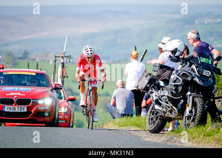 TDF 2018 Tour de Yorkshire, West Yorkshire, Royaume-Uni. Jour 4 tour de Yorkshire. Vainqueur de l'étape 4 Stephane Rossetto, environ quatre minutes d'avance sur le terrain, avec 35km à parcourir, sur Asquith Moor entre Blubberhouses et Otley © Ian Wray/Alamy live news Banque D'Images