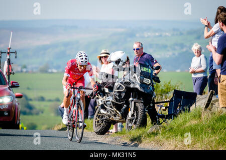 TDF 2018 Tour de Yorkshire, West Yorkshire, Royaume-Uni. Jour 4 tour de Yorkshire. Vainqueur de l'étape 4 Stephane Rossetto, environ quatre minutes d'avance sur le terrain, avec 35km à parcourir, sur Asquith Moor entre Blubberhouses et Otley © Ian Wray/Alamy live news Banque D'Images