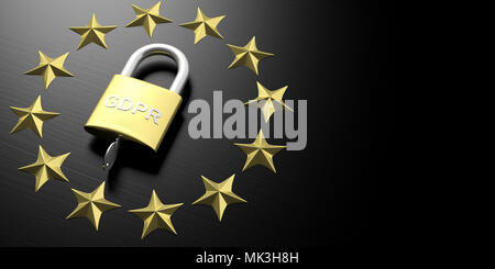 Règlement général sur la protection des données de l'UE. Le PIBR un cadenas et l'UE étoile sur fond de bois noir, copiez l'espace. 3d illustration Banque D'Images