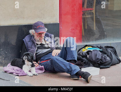 Sans-abri avec un chien assis sur une rue de la Buchanan Street Glasgow Ecosse Banque D'Images