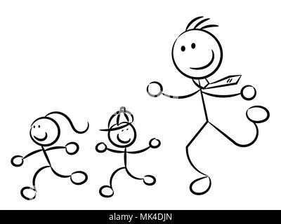 Papa qui court après les enfants personnages fragmentaires isolated on white Banque D'Images