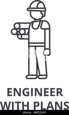 Les plans de l'ingénieur avec l'icône de la ligne du vecteur, signe, l'illustration en arrière-plan, coups modifiable Illustration de Vecteur