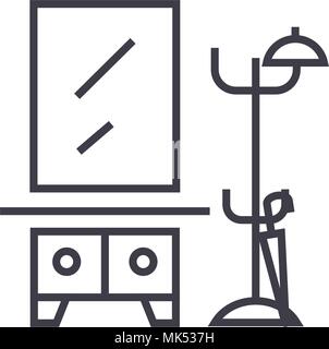 Couloir, vêtements rack avec un miroir sur l'icône de la ligne du vecteur, signer, illustration sur arrière-plan, coups modifiable Illustration de Vecteur