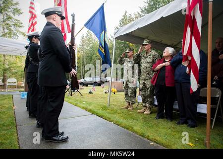 171111-N-EH218-0033 GARDINER, Washington (nov. 11, 2017) De gauche à droite, arrière Adm. John Korka, Commandant, Naval Facilities Engineering Command Pacific, le Capitaine Christopher Kurgan, Commandant, Commandement Naval Facilities Engineering Northwest, et Mme Joan Shields-Bennet, veuve de 3ème classe Mécanicien Construction Marvin Glenn Shields, saluer les couleurs lors d'un mémorial en hommage à Shields à Gardiner cimetière. La cérémonie a rendu hommage à la seule bénéficiaire de la médaille d'honneur Seabee et vétéran du Vietnam, Shields, qui a reçu à titre posthume la plus haute distinction militaire pour ses actes et f Banque D'Images