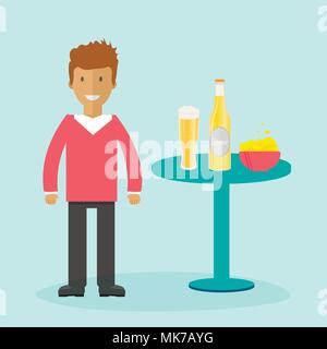 Jeu de bouteille de bière, des tasses et verres avec jeune homme. Icône vecteur avec les boissons alcoolisées. Bière de froment, lager, bière artisanale, l'ale. Illustration de Vecteur