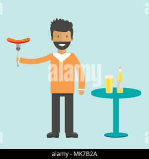 Jeu de bouteille de bière, des tasses et verres avec jeune homme. Icône vecteur avec les boissons alcoolisées. Bière de froment, lager, bière artisanale, l'ale. Illustration de Vecteur