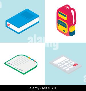 3D isométrique jeu de fournitures scolaires avec réserve, sac à dos, ordinateur portable et Calculatrice. Vector Retour à l'école Vente de fond avec de la papeterie. Office Access Illustration de Vecteur