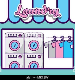 Nettoyage industriel blanchisserie boutique lave-linge cintres vector illustration Illustration de Vecteur