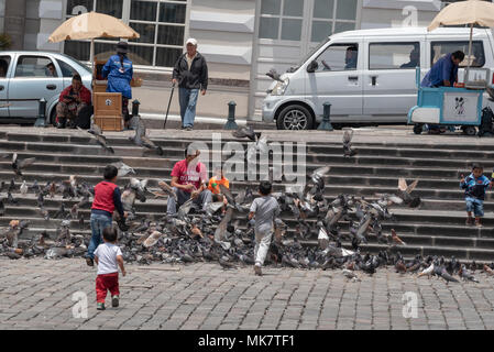 Les enfants courir après les pigeons de la Place Saint François, Quito, Équateur. Banque D'Images