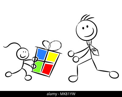 Fille apportant grand cadeau pour son papa sketchy isolés caractères Banque D'Images