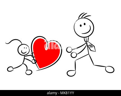 Fille apportant grand coeur pour son papa sketchy isolés caractères Banque D'Images