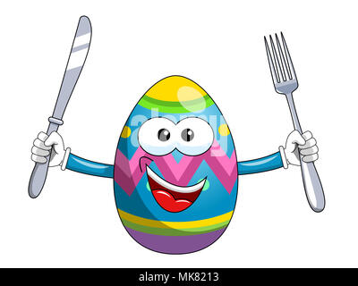 Oeufs de Pâques décorés mascot holding fork and knife isolated on white Banque D'Images
