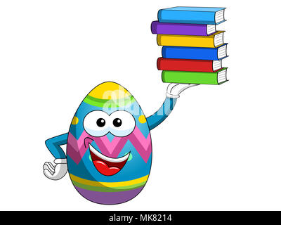 Oeufs de Pâques décorés mascot holding pile de livres colorés isolated on white Banque D'Images