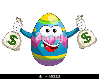 Oeufs de Pâques décorés mascot holding sacs d'argent isolated on white Banque D'Images