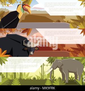 Image vectorielle de l'ensemble de télévision des bannières avec les animaux d'Asie calao, guar et elephant Illustration de Vecteur