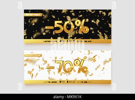 Bon template design avec de l'or confettis scintillants. Carte de coupon, la vente Modèle de page. 50, 70 p. 100 Vector illustration Illustration de Vecteur