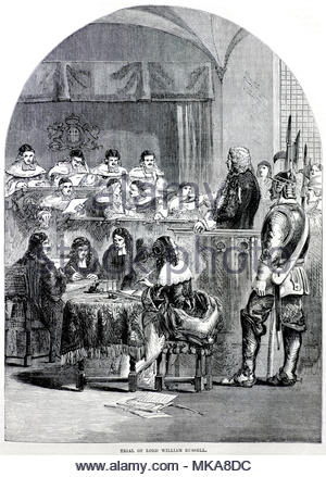 Procès de Lord William Russell, 1639 - 1683, un homme politique français qui fut accusé de haute trahison contre Charles II pour son implication dans la maison Terrain de seigle, antique illustration de circa 1880 Banque D'Images